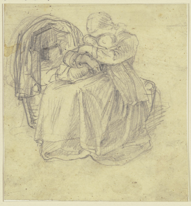 Ein Mädchen sitzt bei einer Wiege und hält mit beiden Armen umfaßt ein kleines Kind auf ihrem Schoß, from Philipp Rumpf