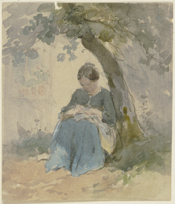 Frau mit Näharbeit unter einem Baum sitzend from Philipp Rumpf