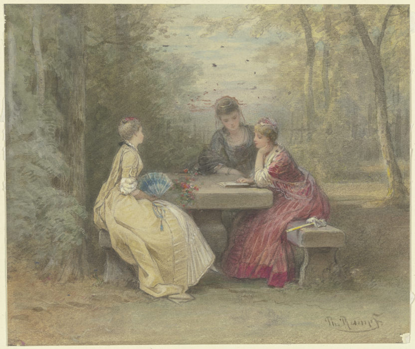 Vorlesung im Park, drei junge Damen in Watteauschem Kostüm um einen Steintisch sitzend (Laube am San from Philipp Rumpf