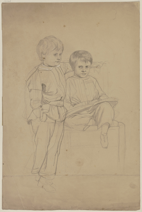 Porträt zweier kleiner Jungen: einer auf einem Stuhl sitzend, ein Buch in der Hand, der andere links from Philipp Winterwerb