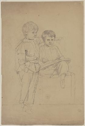 Porträt zweier kleiner Jungen: einer auf einem Stuhl sitzend, ein Buch in der Hand, der andere links