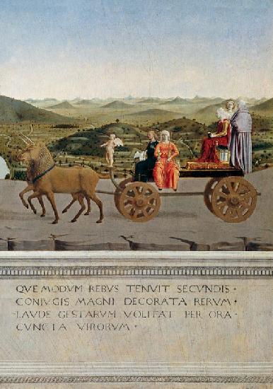 Triumph car pulled by two unicorns. Backside of Federico da Montefeltro portrait