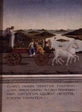 Triumph of Federigo da Montefeltro, Duke of Urbino; Federigo and the four Cardinal Virtues in a triu