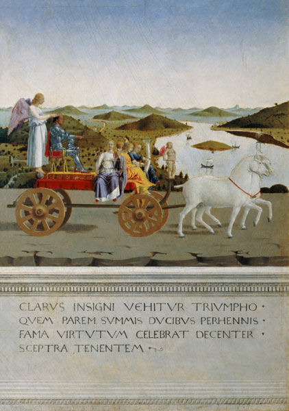 Triumph car pulled by two white horses. Backside of Battista Sforza portrait from Piero della Francesca
