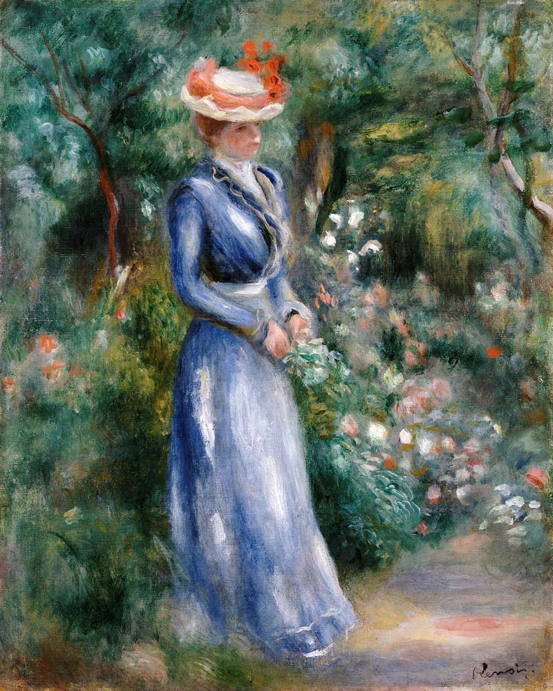 Woman In A  Blue Dress Standing In The Garden At Saint-Cloud from Pierre-Auguste Renoir