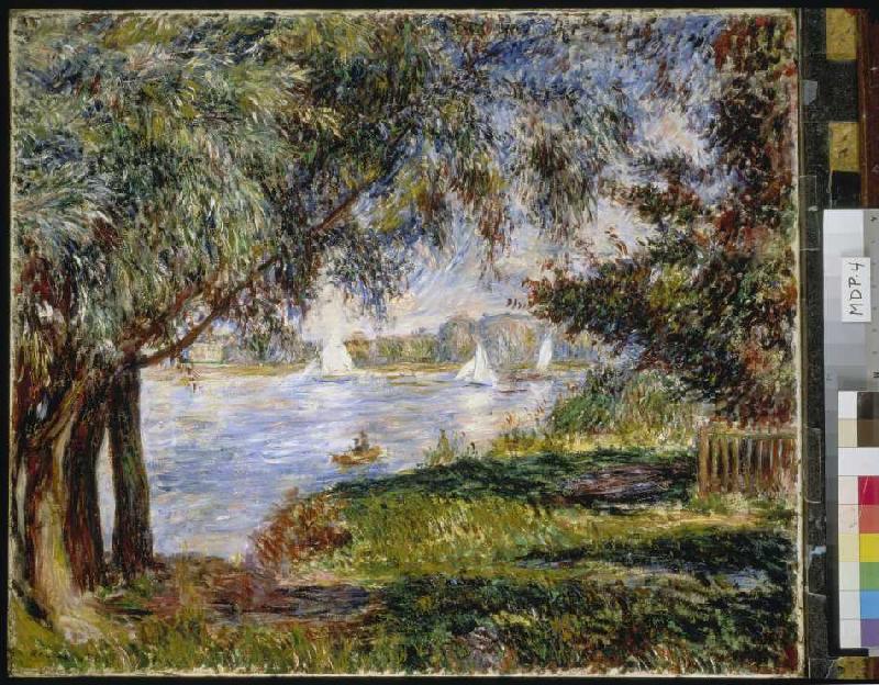 Look sailing boats through trees in Bougival from Pierre-Auguste Renoir