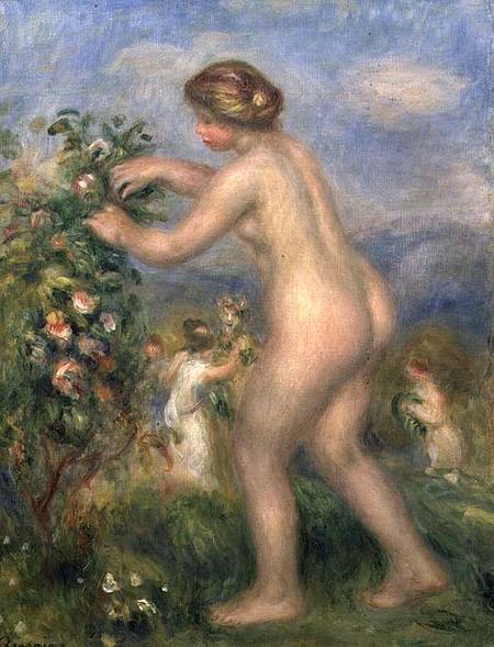 Female nude picking flowers from Pierre-Auguste Renoir