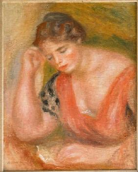 Reading young woman in red dress.