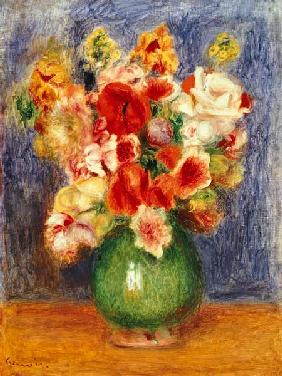 Still life with flowers in a green vase