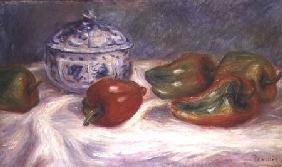 Still life with a sugar bowl and red peppers