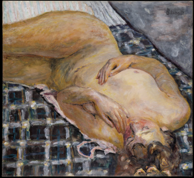 Reclining Nude against a White and Blue Plaid from Pierre Bonnard