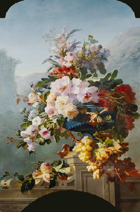 Roses and other flowers in a blue vessel.