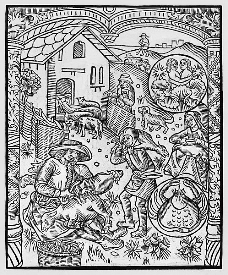 June, sheep shearing, Gemini, illustration from the ''Almanach des Bergers'', 1491 (xylograph) from Pierre Le Rouge