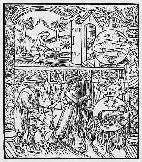 March, fishing and pruning trees, Pisces, illustration from the ''Almanach des Bergers'', 1491 (xylo