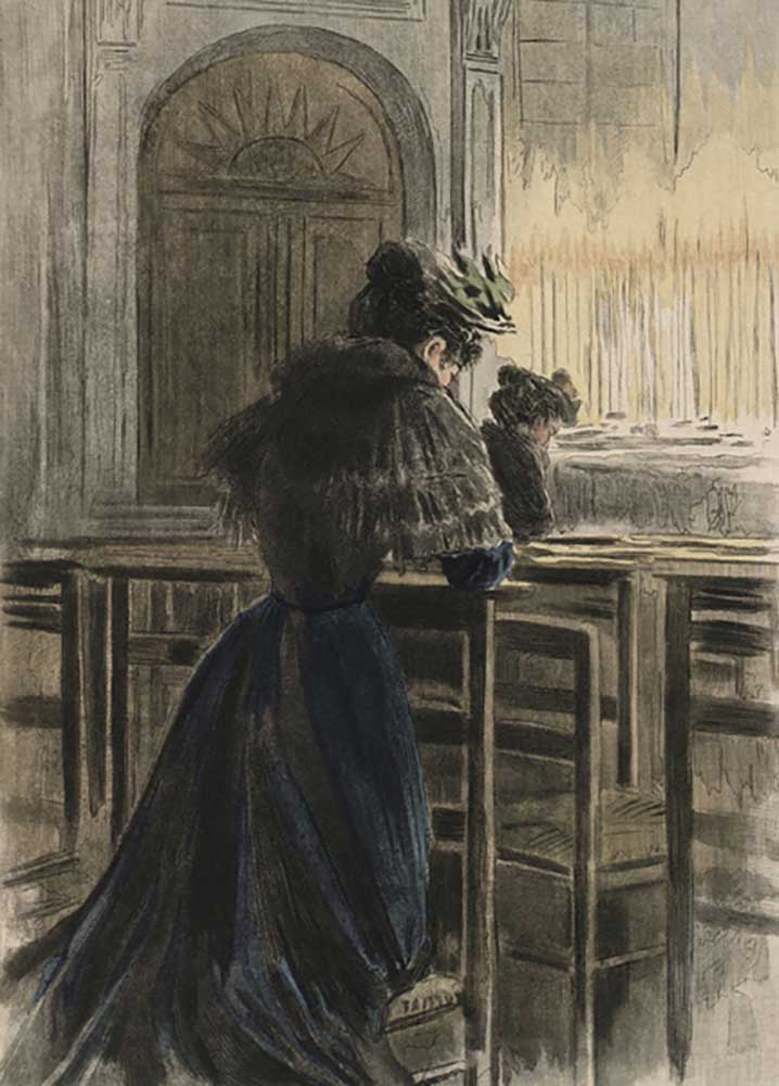 Devotions at church, illustration from La Femme a Paris by Octave Uzanne (1851-1931) 1894 from Pierre Vidal