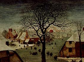 The national census to Bethlehem. Detail on the left above (treetop and red sun) from Pieter Brueghel the Elder