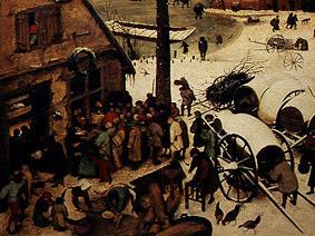 The national census to Bethlehem. Detail on the left below (the count) from Pieter Brueghel the Elder