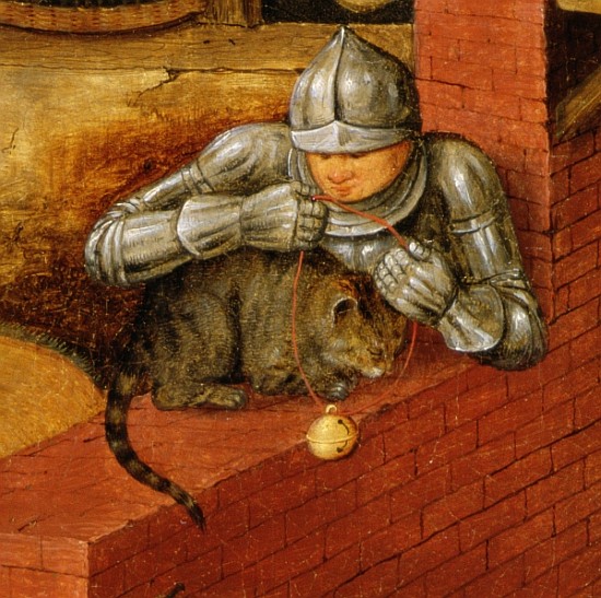 Knight putting a bell on a cat, detail from ''The Flemish Proverbs'' (detail of 67235) from Pieter Brueghel the Younger