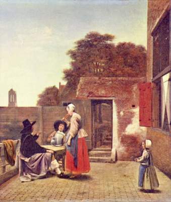 Court with two officers and drinking woman from Pieter de Hooch