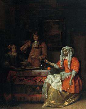 Interior with Two Women and a Man Drinking and Eating Oysters