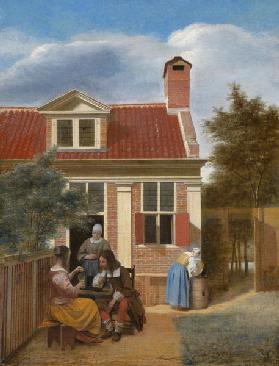A company in the courtyard behind a house