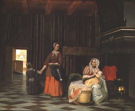 Woman with infant, serving maid with child from Pieter de Hooch