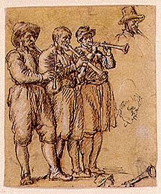 Three musicians with bagpipes and playing the shawm from Pieter de Witte