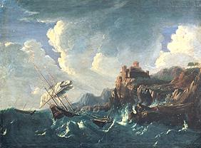 Seesturm an einer Felsenküste mit Schiffswrack