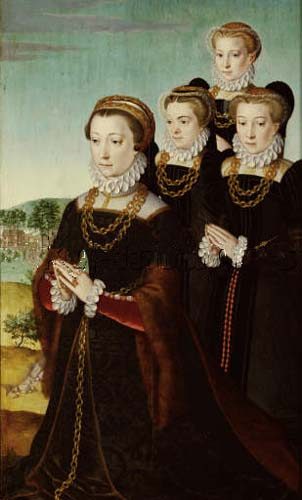 Die Frau des Stifters Anselm Boetius, Johanna Voet, mit drei Töchtern from Pieter Pourbus