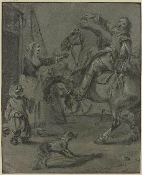 Reiter mit einer Schelle(?) in der Rechten, auf einem sich aufbäumendem Pferd sitzend, vor ihm seine