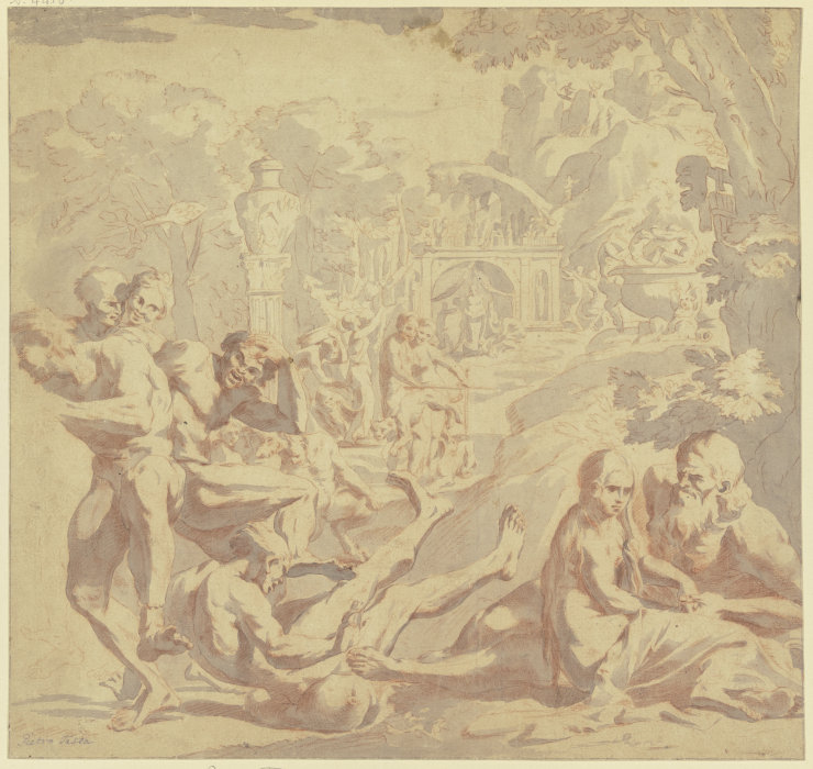 Bacchanal, rechts liebkost ein alter Mann ein Mädchen, links fällt ein Mann über einen Weinschlauch from Pietro Testa