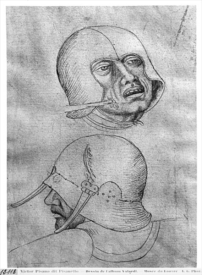 Two heads of soldiers wearing helmets, from the The Vallardi Album from Pisanello