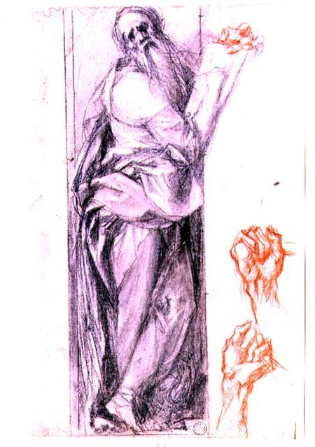 Study of St. John the Evangelist and two studies of fists (black and red chalk) from Jacopo Pontormo,Jacopo Carucci da