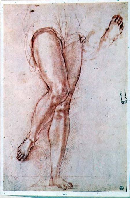 Study of a pair of legs and two feet for a figure of St. Michael (red chalk with pen & ink) from Jacopo Pontormo,Jacopo Carucci da