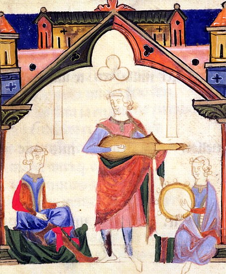 Fol.12v Musicians playing the guitar and tambourine, from the ''Chansonnier des Nobles'' from Portuguese School