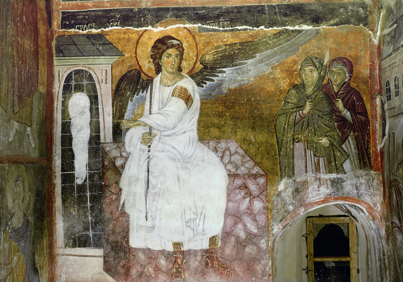 Engel am Grab Christi - Der weiße Engel am leeren Grab Christi und die Myrrhenträgerinnen (Myrrhopho from Prag Unbekannter Maler