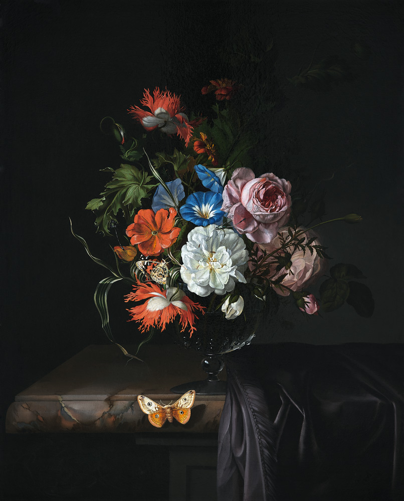 A Still Life of Flowers in a vase on a ledge from Rachel Ruysch