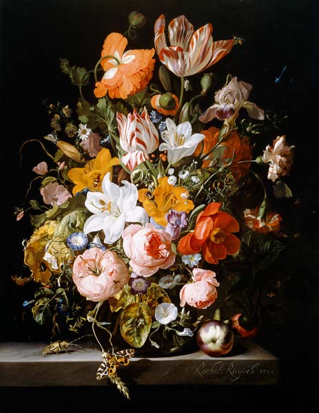 Still life of roses, lilies, tulips and other flowers in a glass vase with a Brindled Beauty on a st from Rachel Ruysch