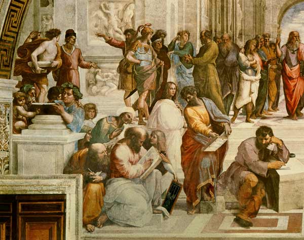 The School of Athens, detail from the left hand side showing Pythagoras surrounded by students and M from Raffaello Sanzio da Urbino