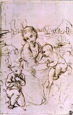 Study of a Madonna and Child with the infant St. John the Baptist (pen & ink) from Raffaello Sanzio da Urbino