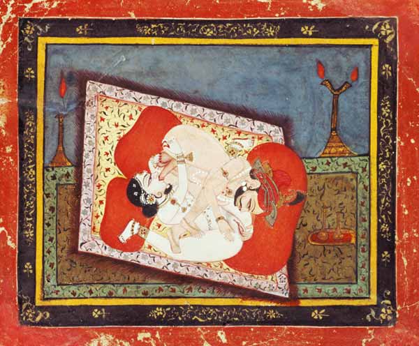 'The posture of the crow' from the Kama Sutra, ecstatic oral intercourse between a prince and a lady from Rajput School
