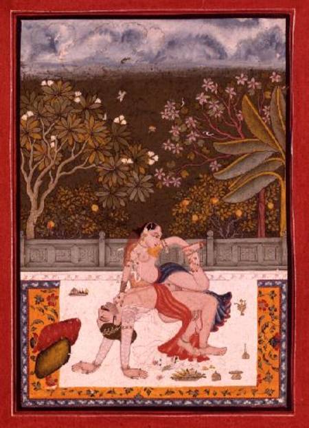 A prince and a lady in a combination of two canonical erotic positions listed in the `Kama Sutra', B from Rajput School