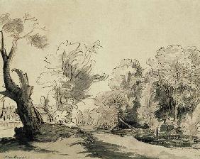 Landscape with a path, an almost dead tree on the left and a footbridge leading to a farm on the rig