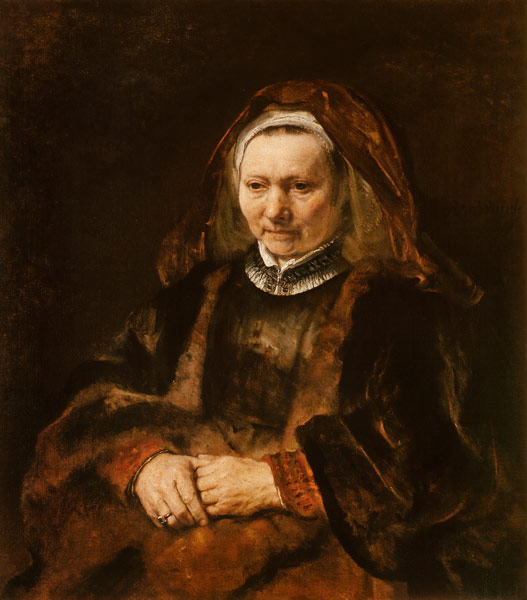 Portrait of an old woman with fanfolded hands from Rembrandt (Werkstatt)