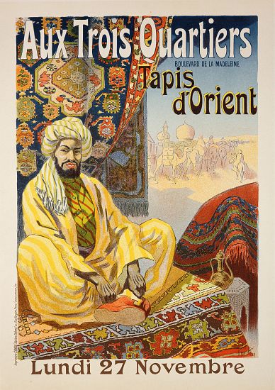Reproduction of a poster advertising 'Oriental Carpets', exhibited at 'Aux Trois Quartiers' from Rene Pean