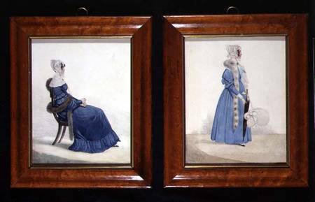 Two portraits of a Seated and a Standing Lady in Blue Dresses from Richard Dighton
