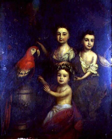Portrait of Three Children with a Macaw from Robert Byng or Bing
