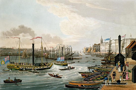 A View of London Bridge and the Custom House, with the Margate Steam Yachts, pub. 1820 Colnaghi & Co from Robert the Elder Havell