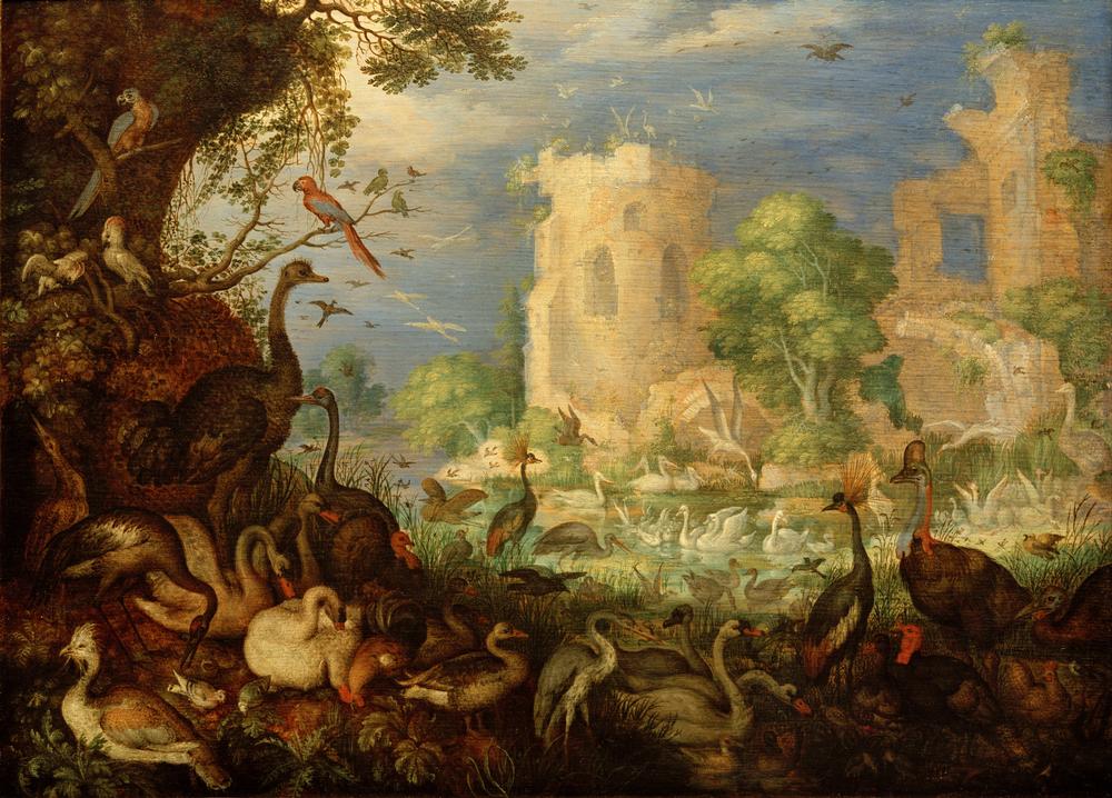 Exotische Vögel in einer Landschaft mit Teich und Ruinen mit der Entführung des Ganymed from Roelant Jakobsz Savery
