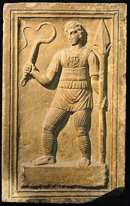 Relief depicting a gladiator holding a whip and a spear from Roman